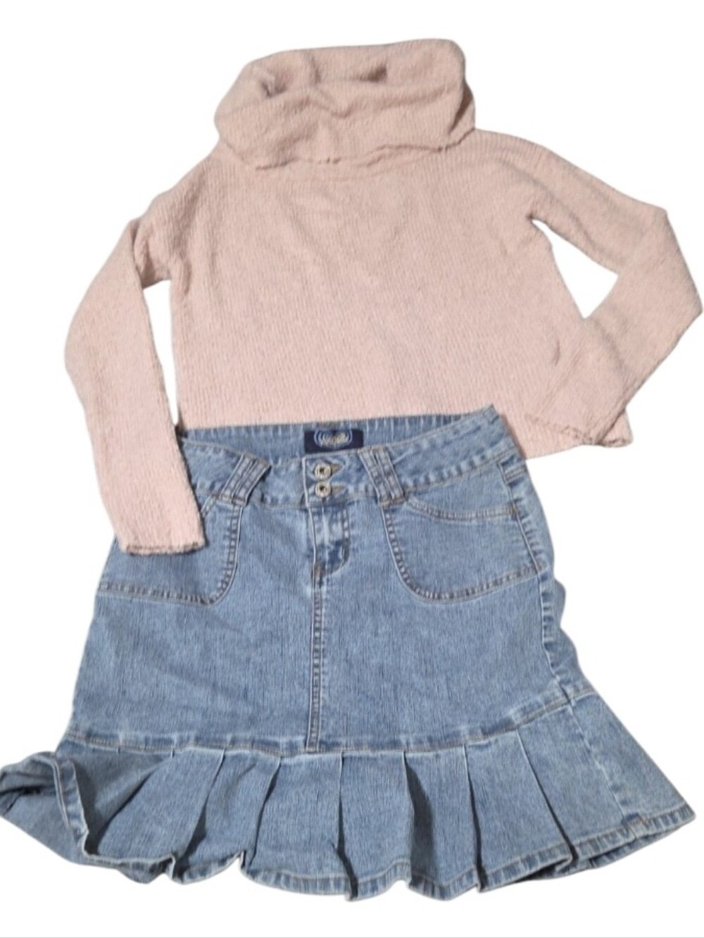 Vtg New Angels Blue Denim Jean Skirt 7 with Gold Stitching & Sweater  Jr Med